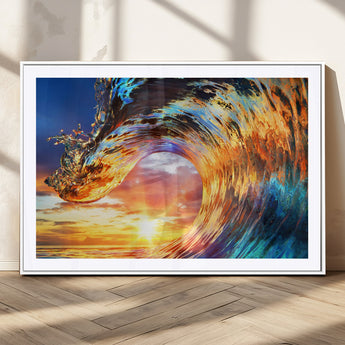 52890-MGV-CV-36X24-Surfing Wave Wall Art Canvas Print, Framed Sunset Ocean Art Picture Print, Ocean Wave Perfect Nautical Decor Artwork