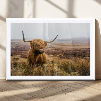 79391-MGC-FP-36x24_White-Majestic Highland Cow in Misty Scottish Moorland – Rustic Natural Charm, Perfect for Unique Home or Office Decor