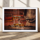 21266-MGC-FP-36x24_White-Pouring Whiskey into Glasses with Ice – Rustic Wooden Barrel Background, Warm Ambient Lighting, Ideal Decor for Home or Office
