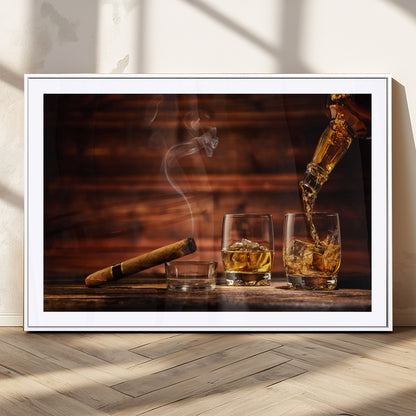 41139-MGC-FP-36x24_White-Whiskey and Cigar Still Life – Glasses with Ice and Pouring Amber Drink on Wooden Table with Smoke, Elegant Bar or Lounge Wall