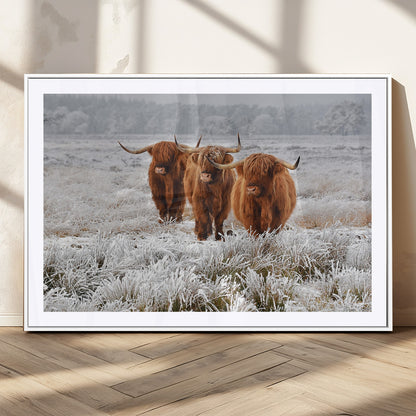 10396-MGC-FP-36x24_White-Highland Cattle Wall Art – Rustic Winter Landscape Canvas Print, Farmhouse Decor for Living Room, Office, Cabin or Country Home