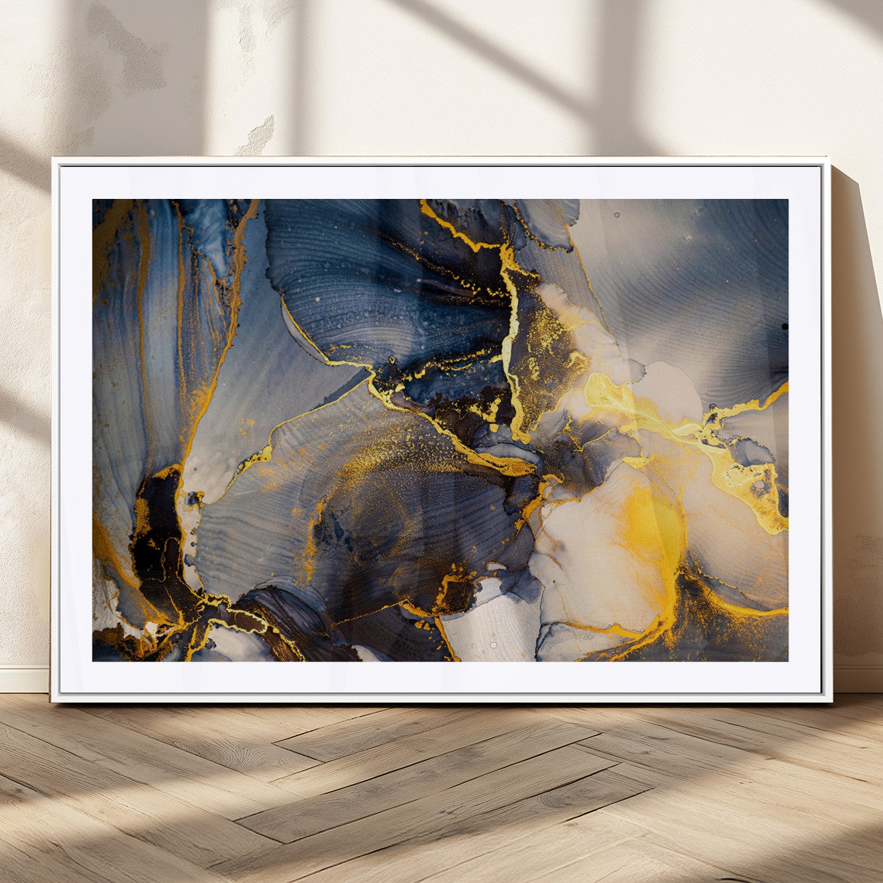 42100-MGC-FP-36x24_White-Golden Flow Abstract Wall Art – Panoramic Modern Blue and Gold Canvas Print, Contemporary Artistic Decor for Home, Office