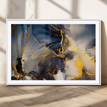 42100-MGC-FP-36x24_White-Golden Flow Abstract Wall Art – Panoramic Modern Blue and Gold Canvas Print, Contemporary Artistic Decor for Home, Office