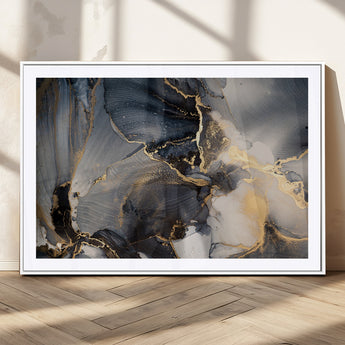 24068-MGC-FP-36x24_White-Luxury Abstract Wall Art – Gold & Gray Fluid Ink Painting Canvas, Modern Metallic Home Decor, Elegant Office or Living Room Accent