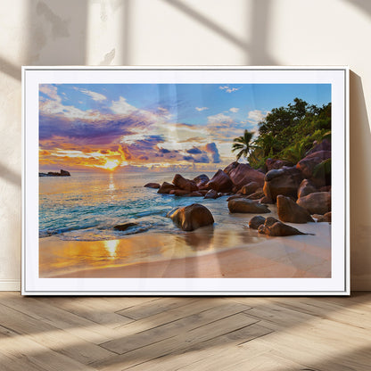 43209-MGC-FP-36x24_White-Tropical Beach Sunset Wall Art – Golden Ocean Waves and Palm Trees with Rocky Shore Canvas Print, Coastal Seascape Decor for
