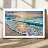 27815-MGC-FP-36x24_White-Ocean Sunrise Beach Wall Art – Serene Coastal Canvas Print with Waves and Golden Morning Light, Relaxing Seascape Decor for