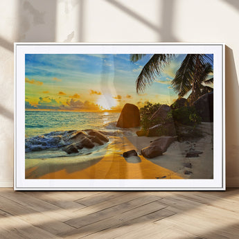 26181-MGV-CV-36X24-Golden Tropical Sunset Beach Wall Art – Ocean Canvas Print with Palm Trees and Rocks, Coastal Paradise Decor for Living Room or