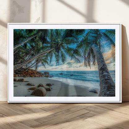 39679-MGV-CV-36X24-Tropical Palm Beach Wall Art – Serene Ocean Canvas Print with Palm Trees and Rocks, Coastal Paradise Decor for Living Room or