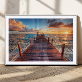 28836-MGV-CV-36X24-Ocean Pier Sunset Wall Art – Wooden Dock and Golden Horizon Canvas Print, Coastal Seascape Photography for Living Room, Bedroom,