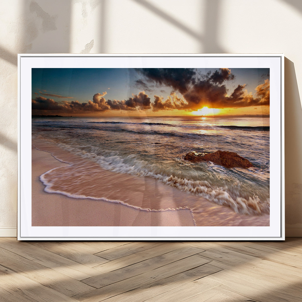 80979-MGV-CV-36X24-Golden Sunrise Beach Wall Art – Ocean Waves and Sandy Shore Canvas Print, Coastal Sunset Photography Artwork for Living Room,