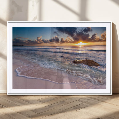 94906-MGV-CV-36X24-Sunrise Beach Wall Art – Panoramic Ocean Waves Canvas Print, Coastal Sunset Seascape Artwork for Living Room, Bedroom, or Office