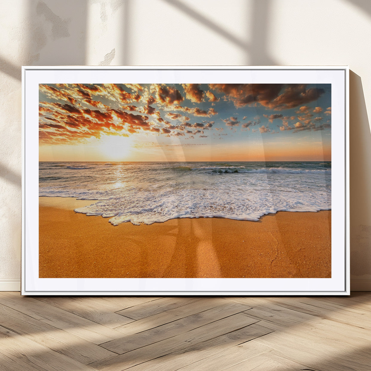 15399-MGV-CV-36X24-Golden Sunrise Beach Wall Art – Ocean Waves on Sandy Shore Canvas Print, Coastal Seascape Decor for Living Room or Bedroom