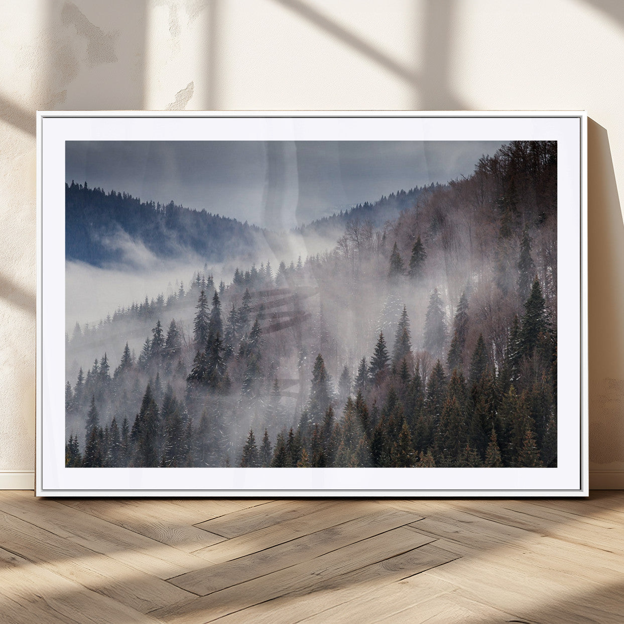 18459-MGV-CV-36X24-Misty Pine Forest Wall Art – Serene Mountain Landscape Canvas Print, Tranquil Nature Artwork for Living Room, Bedroom, Cabin or