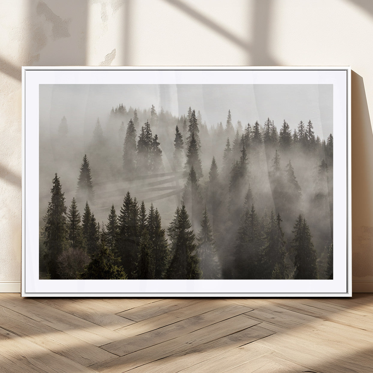 62862-MGV-CV-36X24-Misty Forest Wall Art – Tranquil Pine Tree Canvas Print with Mountain Fog, Nature Landscape Artwork for Living Room, Bedroom, or