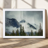 93219-MGC-FP-36x24_White-Misty Mountain Wall Art – Foggy Pines and Rocky Peaks Canvas Print, Nature Landscape Decor for Living Room, Office or Bedroom
