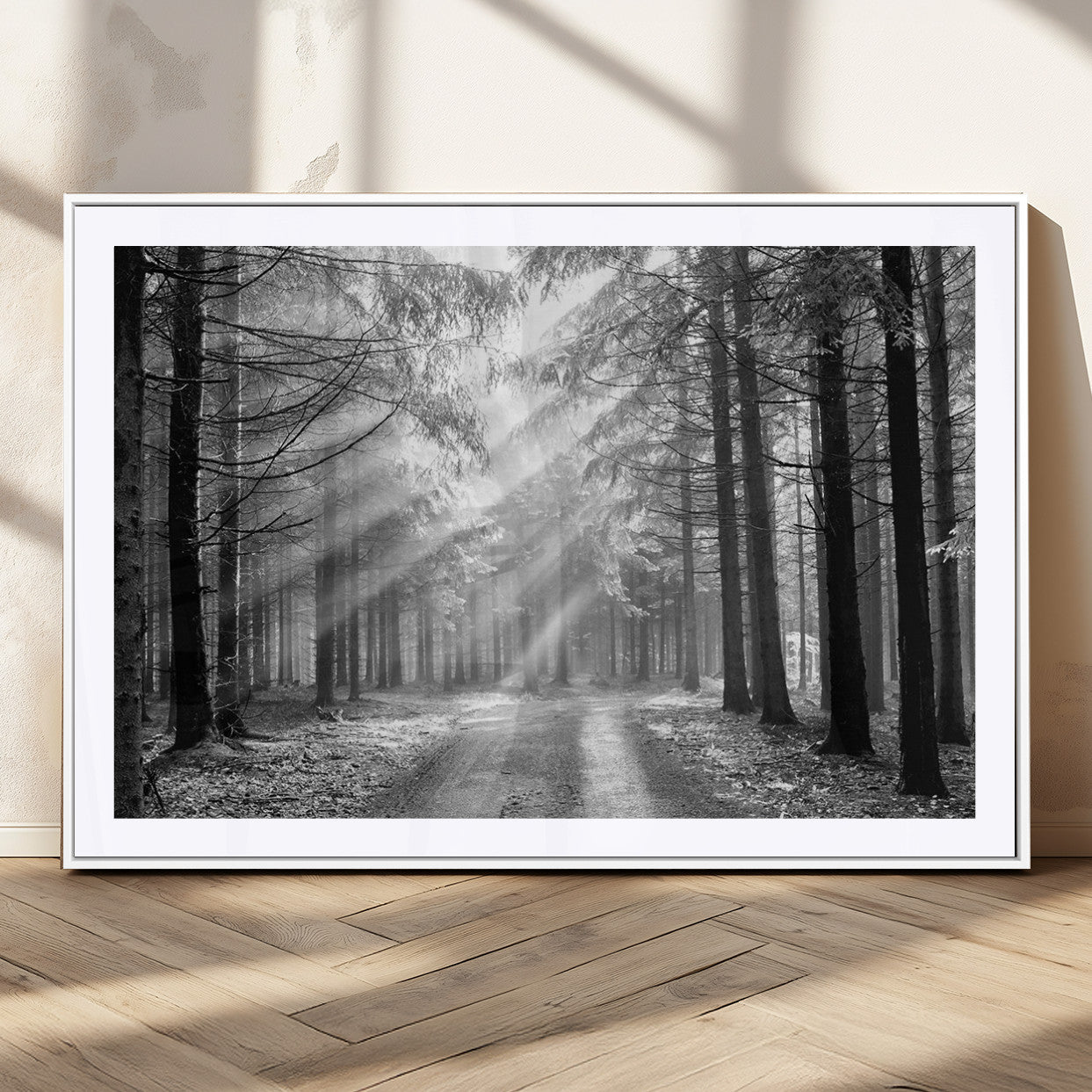 39665-MGV-CV-36X24-Black and White Forest Path Wall Art – Sunlight Rays in Trees Canvas Print, Nature Landscape Decor for Living Room