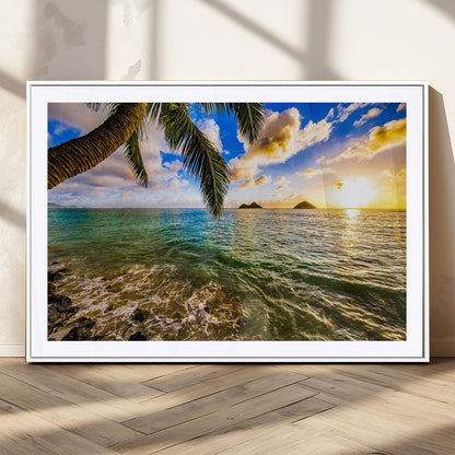 68606-MGC-FP-36x24_White-Tropical Palm Tree Ocean Wall Art – Sunset Beach Seascape Print, Coastal Paradise Decor for Living Room or Office