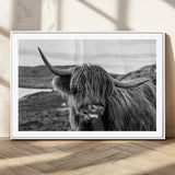 83810-MGV-CV-36X24-Highland Cow Wall Art – Black and White Highland Cattle Print, Rustic Farmhouse Animal Decor for Living Room
