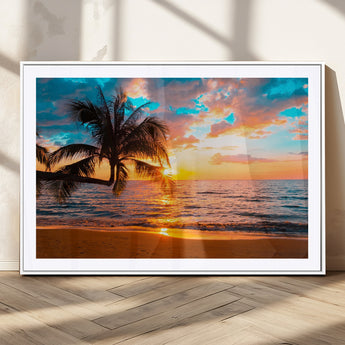 34674-MGV-CV-36X24-Tropical Sunset Beach Wall Art – Palm Tree Ocean Canvas Print, Coastal Seascape Decor for Living Room or Office Wall