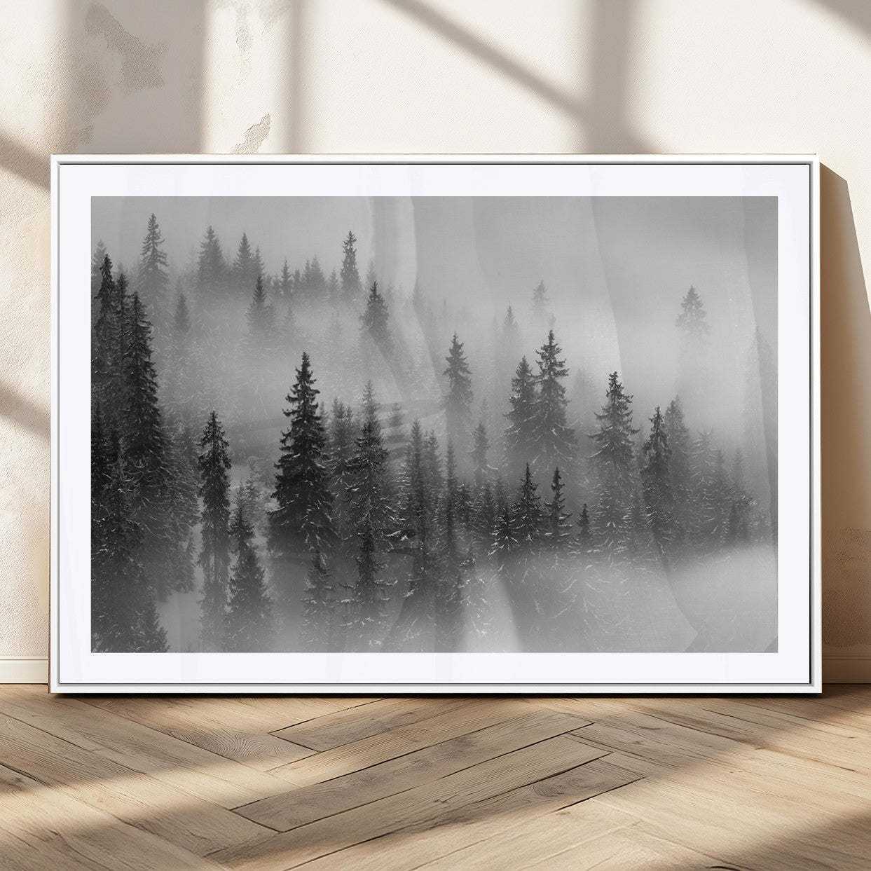 57235-MGC-FP-36x24_White-Misty Pine Forest Wall Art – Black and White Mountain Landscape Canvas Print, Nature Woodland Decor for Living Room, Bedroom or