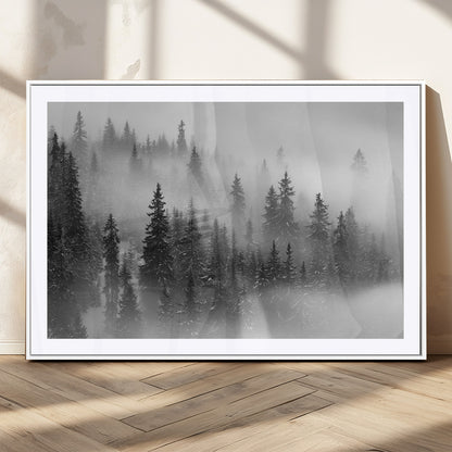 57235-MGC-FP-36x24_White-Misty Pine Forest Wall Art – Black and White Mountain Landscape Canvas Print, Nature Woodland Decor for Living Room, Bedroom or