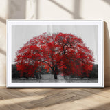 80021-MGV-CV-36X24-Red Tree Wall Art – Striking Black and White Landscape Canvas Print with Vibrant Red Leaves, Modern Nature Decor for Living Room