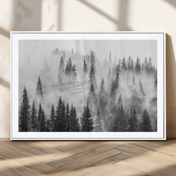 10422-MGC-FP-36x24_White-Misty Pine Forest Wall Art – Black and White Foggy Landscape Canvas Print, Serene Nature Woodland Decor for Bedroom, Office or