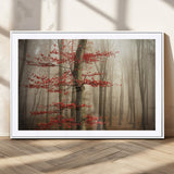 61855-MGC-FP-36x24_White-Misty Forest Wall Art – Red Tree with Autumn Leaves Canvas Print, Moody Woodland Nature Decor for Living Room, Bedroom, or Office
