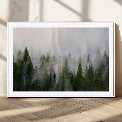 11436-MGV-CV-36X24-Misty Forest Wall Art – Tranquil Evergreen Tree Canvas Print with Foggy Landscape, Nature Inspired Artwork for Bedroom, Living