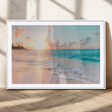 89767-MGC-FP-36x24_White-Ocean Sunset Wall Art – Serene Beach Canvas Print with Pastel Sky and Waves, Coastal Seascape Artwork for Bedroom, Living Room, or