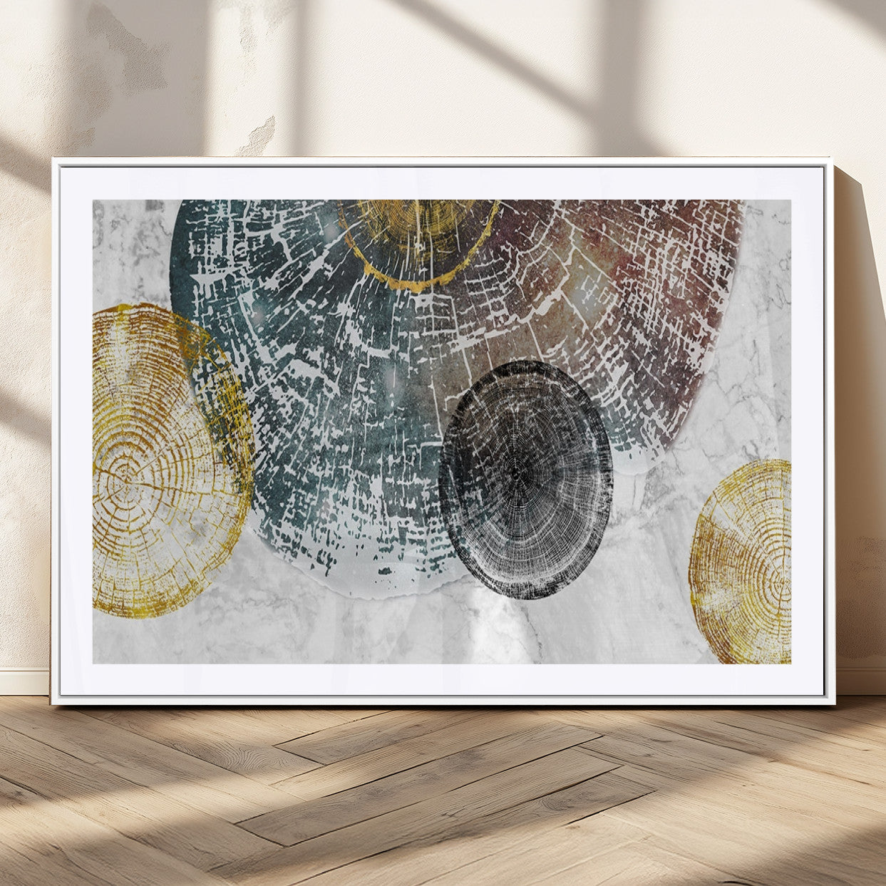 70653-MGC-FP-36x24_White-Abstract Tree Ring Wall Art – Modern Rustic Wood Slice Canvas Print with Gold Accents, Contemporary Nature Decor for Living Room,