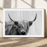 51957-MGC-FP-36x24_White-Highland Cow Wall Art – Black and White Scottish Highland Bull Canvas Print, Rustic Farmhouse Animal Decor for Living Room,