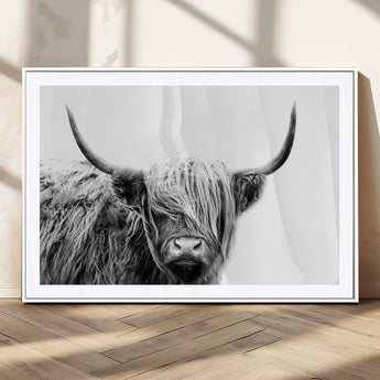 51957-MGC-FP-36x24_White-Highland Cow Wall Art – Black and White Scottish Highland Bull Canvas Print, Rustic Farmhouse Animal Decor for Living Room,