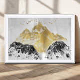 37733-MGC-FP-36x24_White-Golden Mountain Wall Art – Modern Abstract Landscape Canvas Print with Birds, Luxury Nature Decor for Living Room, Bedroom, or