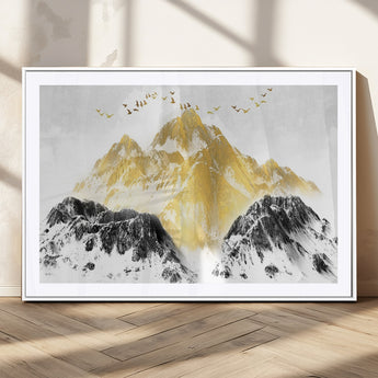 37733-MGC-FP-36x24_White-Golden Mountain Wall Art – Modern Abstract Landscape Canvas Print with Birds, Luxury Nature Decor for Living Room, Bedroom, or