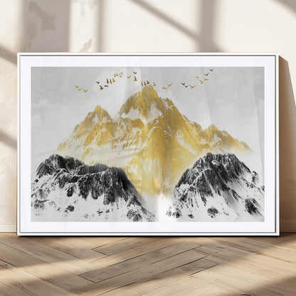 37733-MGC-FP-36x24_White-Golden Mountain Wall Art – Modern Abstract Landscape Canvas Print with Birds, Luxury Nature Decor for Living Room, Bedroom, or