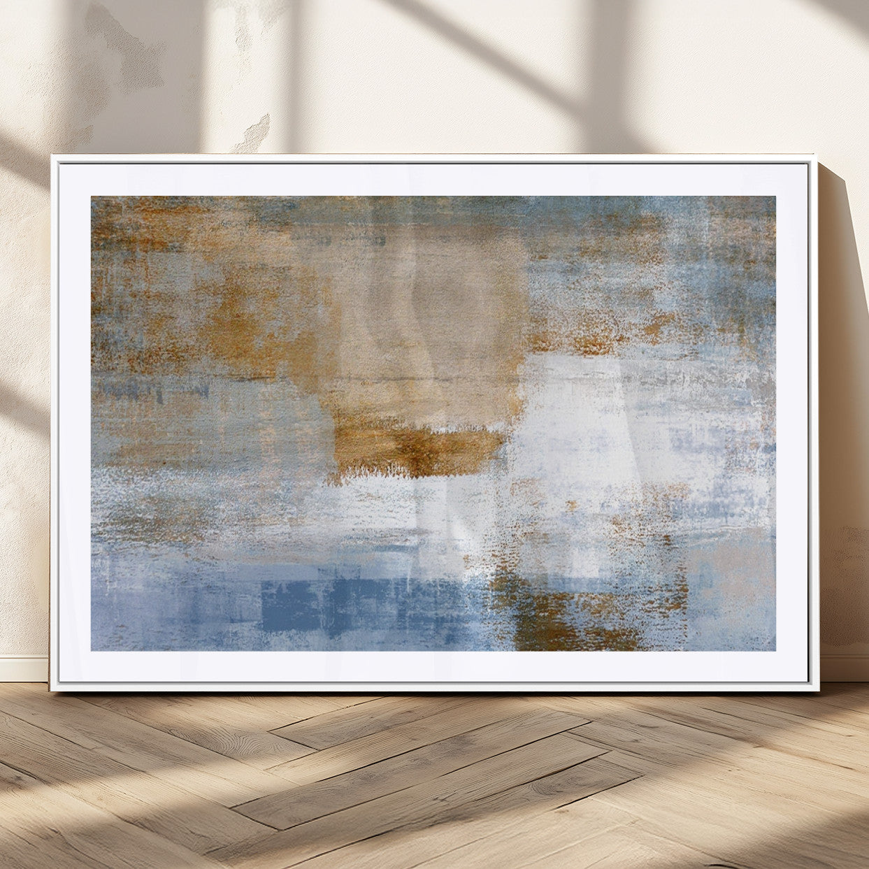 72354-MGV-CV-36X24-Blue and Gold Abstract Wall Art – Modern Minimalist Canvas Print, Textured Contemporary Painting for Living Room, Bedroom, or
