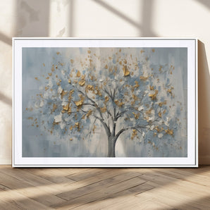 65811-MGV-CV-36X24-Abstract Tree Wall Art – Textured Canvas Painting with Gold and White Leaves, Modern Nature Inspired Decor for Living Room or