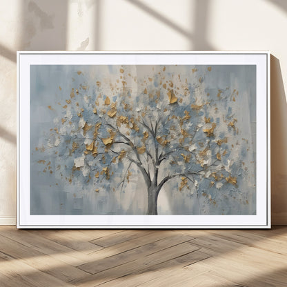 65811-MGV-CV-36X24-Abstract Tree Wall Art – Textured Canvas Painting with Gold and White Leaves, Modern Nature Inspired Decor for Living Room or