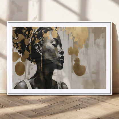 65669-MGC-FP-36x24_White-Elegant Black Woman Wall Art – Modern Abstract Portrait Canvas with Gold Accents, Contemporary Afrocentric Decor for Living Room