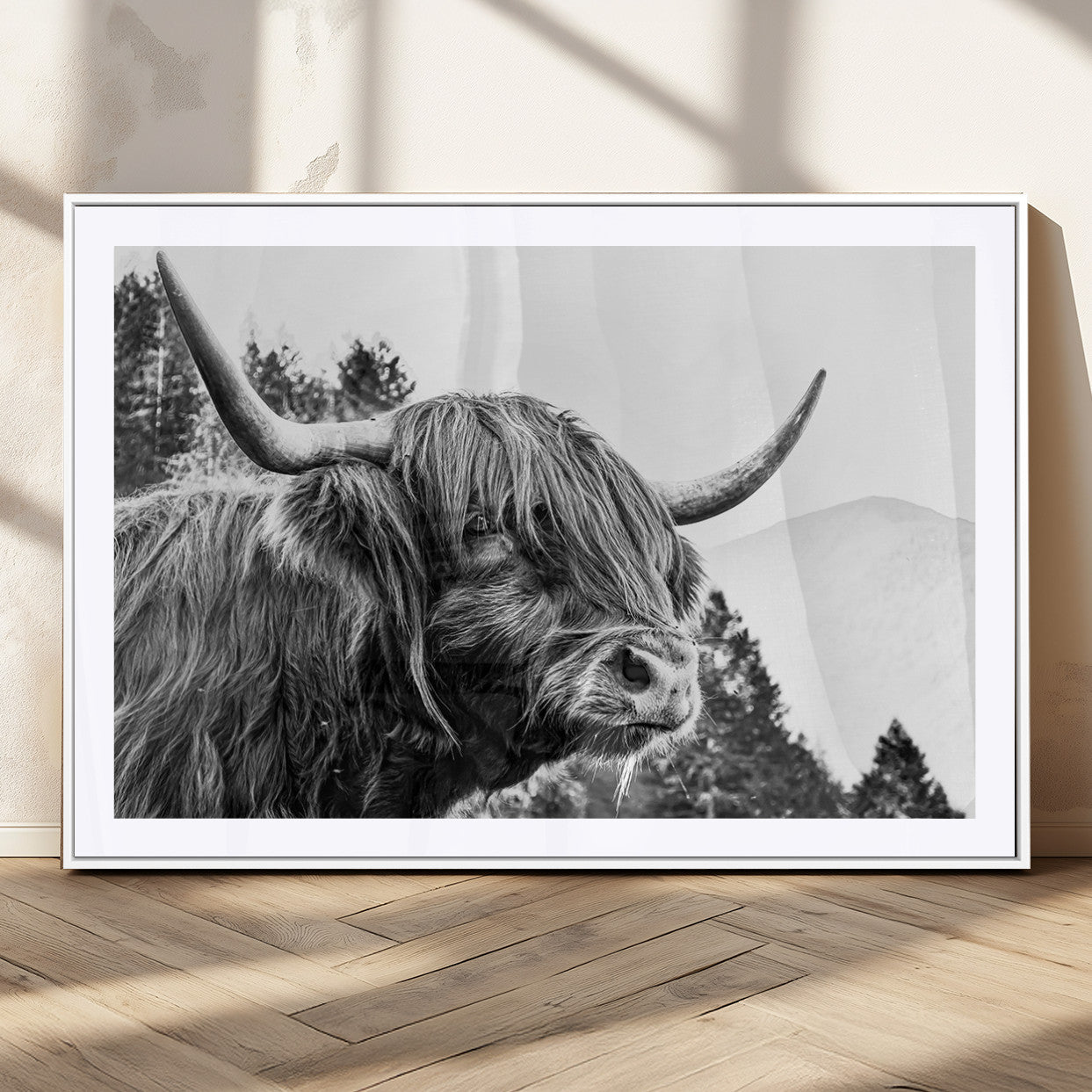 61570-MGV-CV-36X24-Highland Cow Wall Art – Black and White Scottish Bull Canvas Print, Rustic Farmhouse Animal Decor for Living Room, Bedroom, or