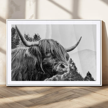 61570-MGV-CV-36X24-Highland Cow Wall Art – Black and White Scottish Bull Canvas Print, Rustic Farmhouse Animal Decor for Living Room, Bedroom, or