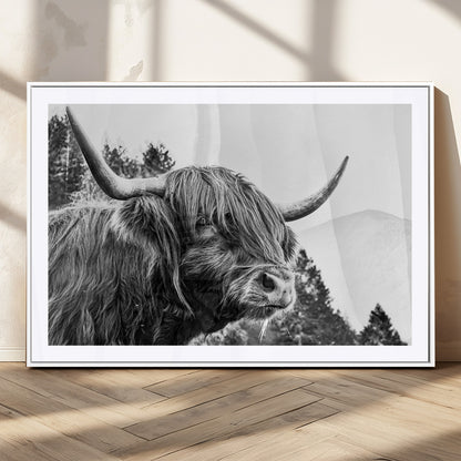 61570-MGV-CV-36X24-Highland Cow Wall Art – Black and White Scottish Bull Canvas Print, Rustic Farmhouse Animal Decor for Living Room, Bedroom, or