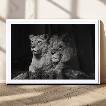 80013-MGC-FP-36x24_White-Lion and Lioness Wall Art – Black and White Wildlife Photography Canvas Print, African Safari Animal Decor for Office, Bedroom, or
