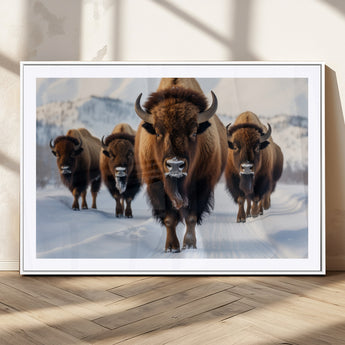 56701-MGC-FP-36x24_White-Bison Herd Wall Art – Buffalo Walking in Snowy Mountains Canvas Print, Rustic Wildlife Decor for Cabin, Lodge, or Living Room