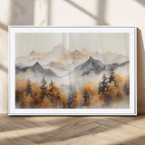 70049-MGC-FP-36x24_White-Autumn Mountain Forest Wall Art – Misty Landscape Canvas Print, Rustic Nature Inspired Decor for Living Room, Bedroom or Office
