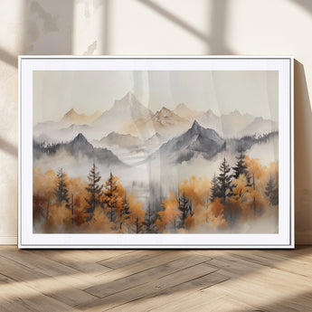 70049-MGC-FP-36x24_White-Autumn Mountain Forest Wall Art – Misty Landscape Canvas Print, Rustic Nature Inspired Decor for Living Room, Bedroom or Office