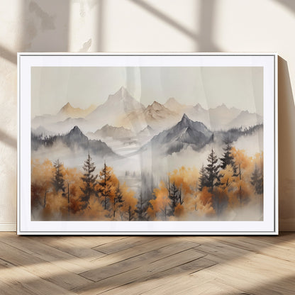 70049-MGC-FP-36x24_White-Autumn Mountain Forest Wall Art – Misty Landscape Canvas Print, Rustic Nature Inspired Decor for Living Room, Bedroom or Office