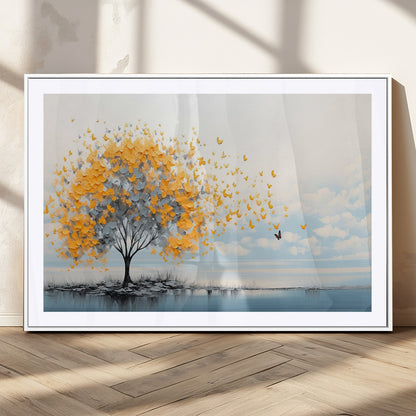 23385-MGC-FP-36x24_White-Golden Butterfly Tree Wall Art – Abstract Yellow and Gray Canvas Print, Modern Nature Artwork for Living Room, Bedroom or Office