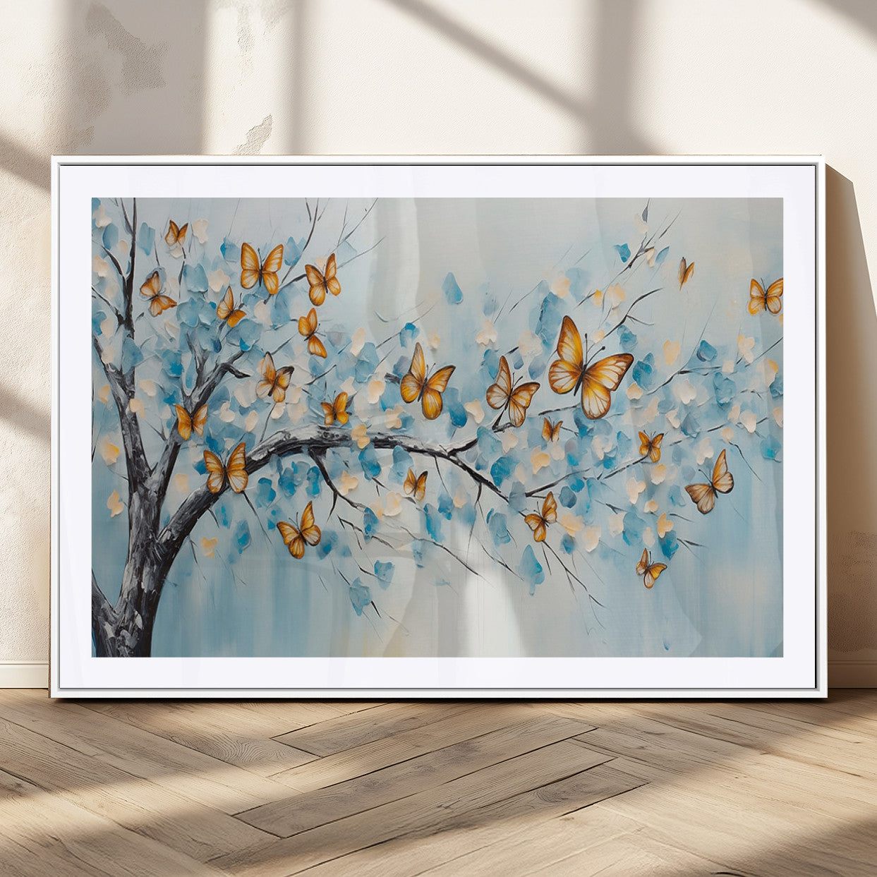 59455-MGC-FP-36x24_White-Butterfly Tree Branch Wall Art – Blue and Yellow Abstract Canvas Print, Modern Nature Artwork for Living Room, Bedroom or Office